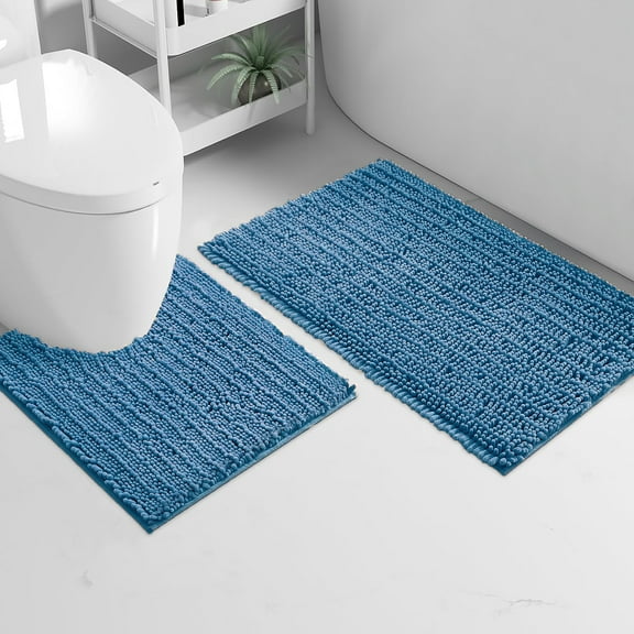 2 Piece Set Blue Soft Cozy Plush Chenille Bath Mat Bathroom Rug