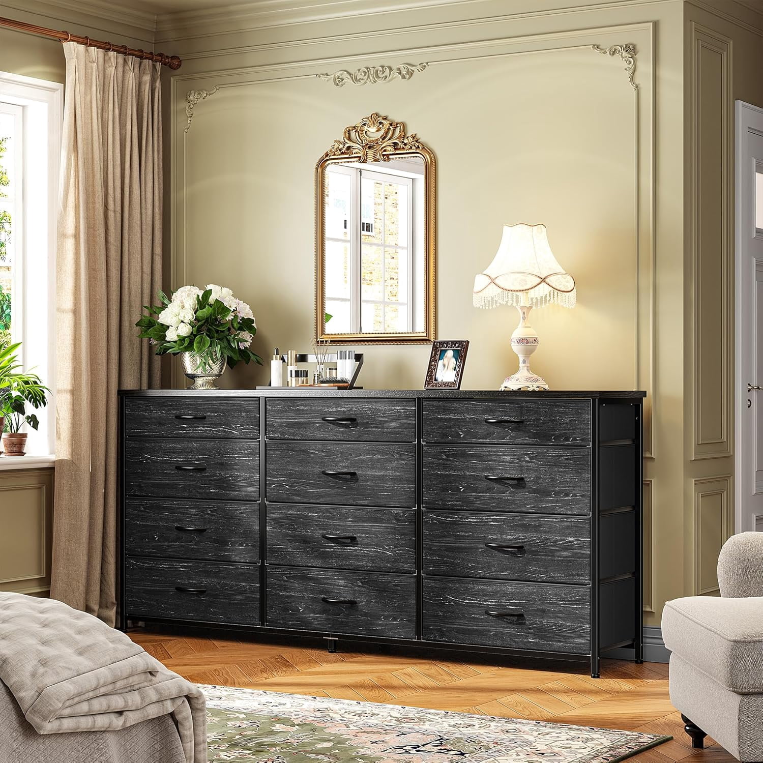 55" Long Dresser for Bedroom with 12 Fabric Drawers, Entertainment Center for 60 inch TV Dressers & Chests of Drawers Large Storage Organizer for Closet, Living Room, Metal Frame, Wood Top, Black