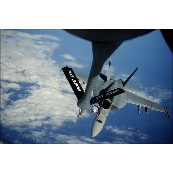 24"x36" Gallery Poster, KC-135 Stratotanker delivers fuel to an FA-18F Super Hornet f-18