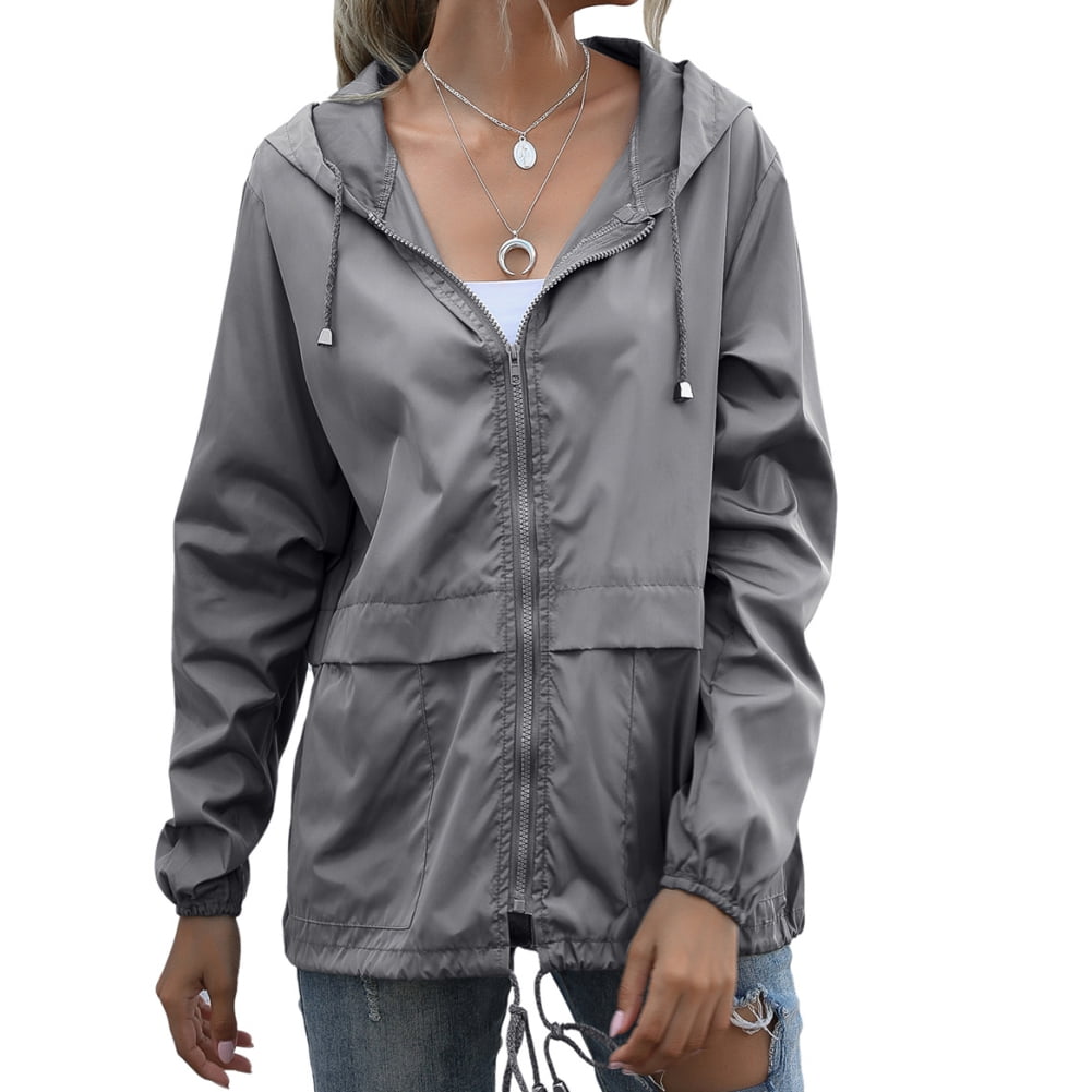 Casall Windbeaker Jacket Hood Pockets Full Zip Grey Women's Size L Large  Outdoor