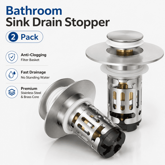 MORAVE brushed nickel 2 pack upgraded 3 in 1 bathroom sink drain strainer, universal pop-up stopper with removable stainless steel filter for 1.1''~2.36'' basin
