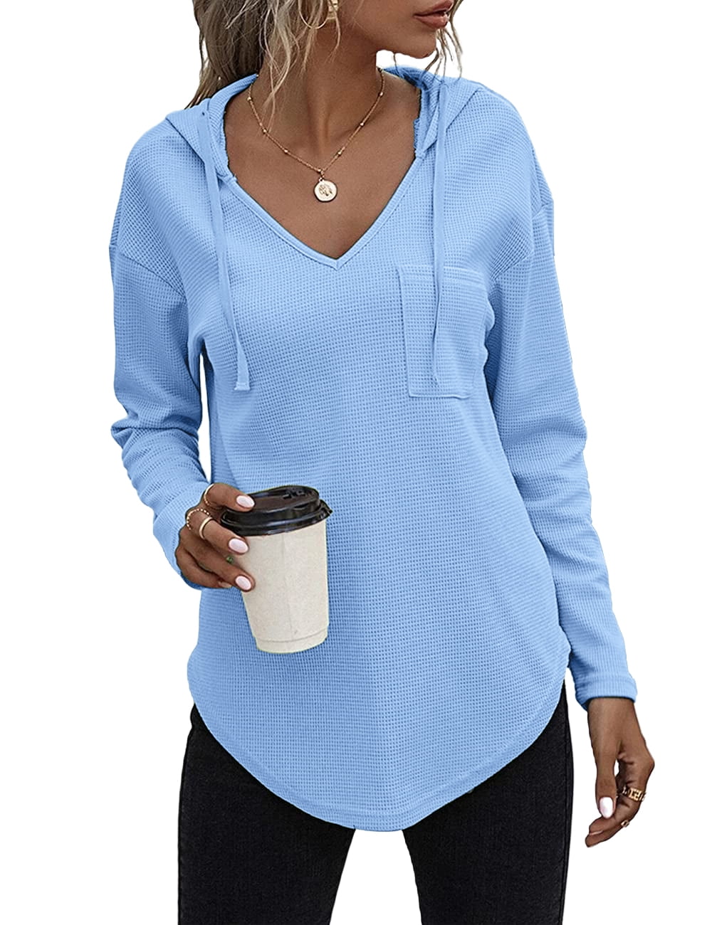 Mumubreal Women's V Neck Hoodies Long Sleeve Sweatshirt Drawstring