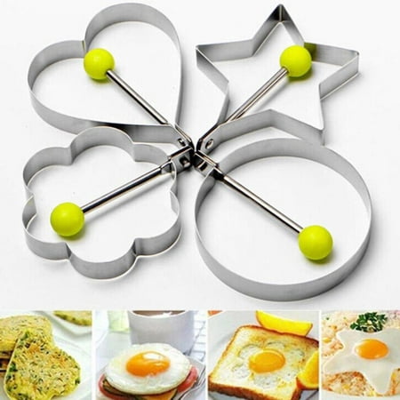 Stainless Steel Fried Egg Molds with Convenient Handles- Fired Egg Rings - 4 Piece Set - Heart, Circle, Star and Plum Flower Shapes for Kitchen Cooking,