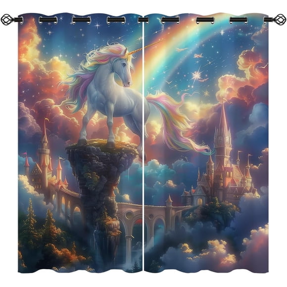 Rainbow Unicorn Galaxy Castle Blackout Curtains, Fantasy Pattern Grommet Window Drapes for Living Room Bedroom Kitchen Home Decor 42"W x 84"L (Pack of 2)