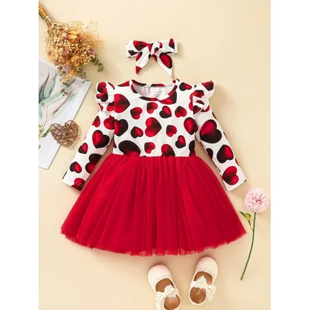 

Girls Heart Print Ruffle Shoulder Long Sleeve Mesh Dress Baby Clothes