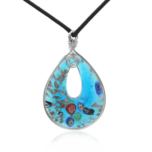 Besheek Murano Inspired Aqua Blue Millefiori Teardrop Donut Pendant