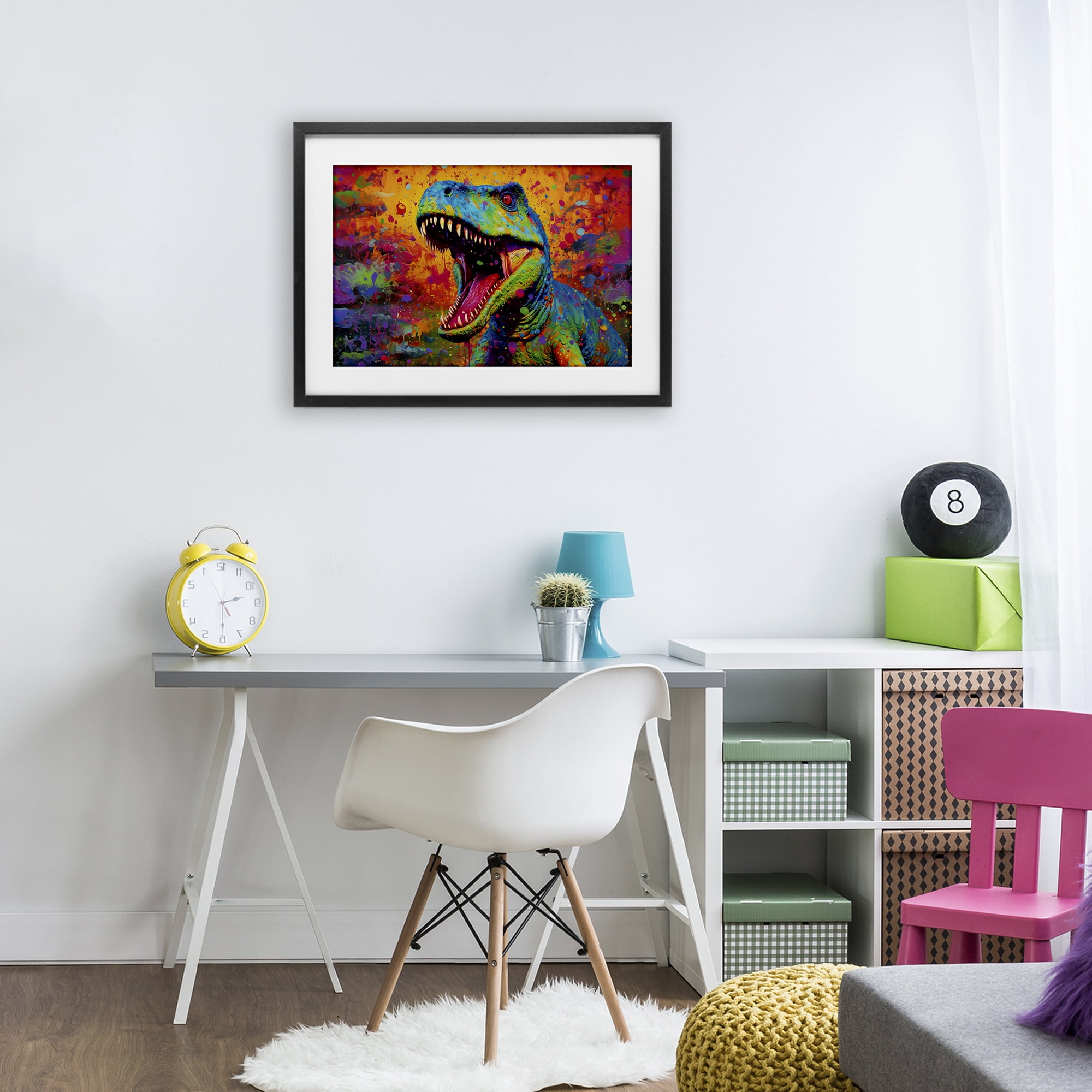 Stupell Industries Colorful T-Rex with Splatter Black Framed Print Under Glass, design by Creative Studio