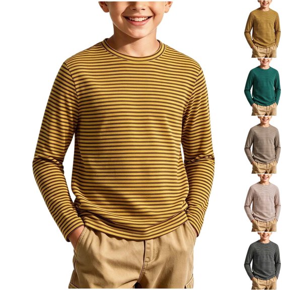 Spazoro Boys Long Sleeve T-Shirt with Crew Neck, Stretchy Lightweight Breathable Striped Casual Tee Shirts for Daily Wear Yellow Size 6-8