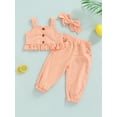 thumbnail image 2 of Seyurigaoka 3Pcs Kids Girls Summer Casual Suit, Solid Color Sleeveless Ruffled Sling Tops + Pockets Long Pants + Headband, 2 of 9