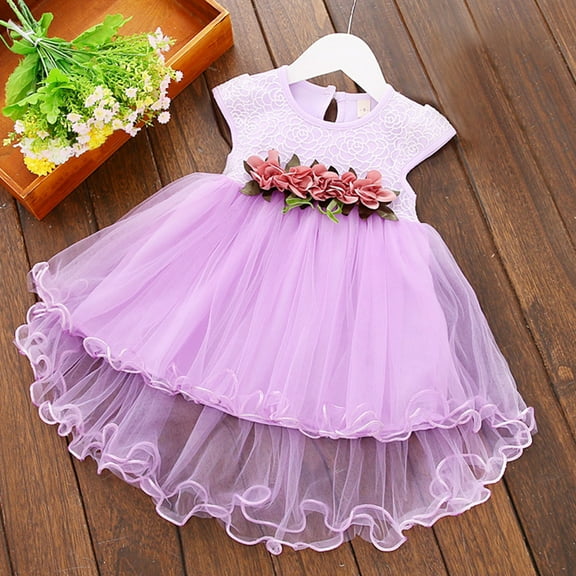 HOMADLES Toddler Dress for Girls Cotton Mesh Ruffed Flower Stretch Breathable Layered Summer Princess Dress Dress Purple 12