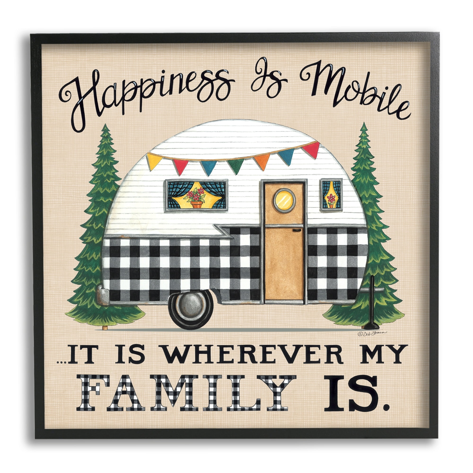 Stupell Industries Happiness Where Family Is Uplifting Plaid Camping Van Graphic Art Black Framed Art Print Wall Art, Design by Deb Strain