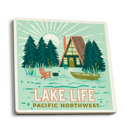 

Pacific Northwest Lake Life Series Lake Life (Absorbent Ceramic Coasters Set of 4 Matching Images Cork Back Kitchen Table Decor)