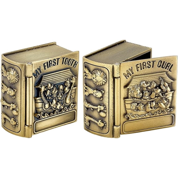 2PCS My First Curl and My First Tooth Keepsake Box Bronze Book Shaped Teeth Collection Organizer Holder First Curl and Tooth Keepsake Box for Babies to Keep The Childhood Memory