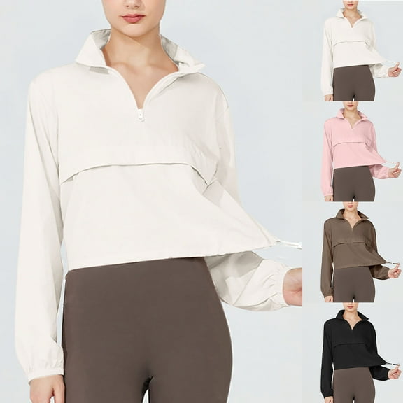 ZVAVZ 1/4 Zip Jacket for Women Long Sleeve Workout Cropped Jackets Stand Collar Athletic Yoga Jackets Lightweight Trendy Casual Sports Jackets White S