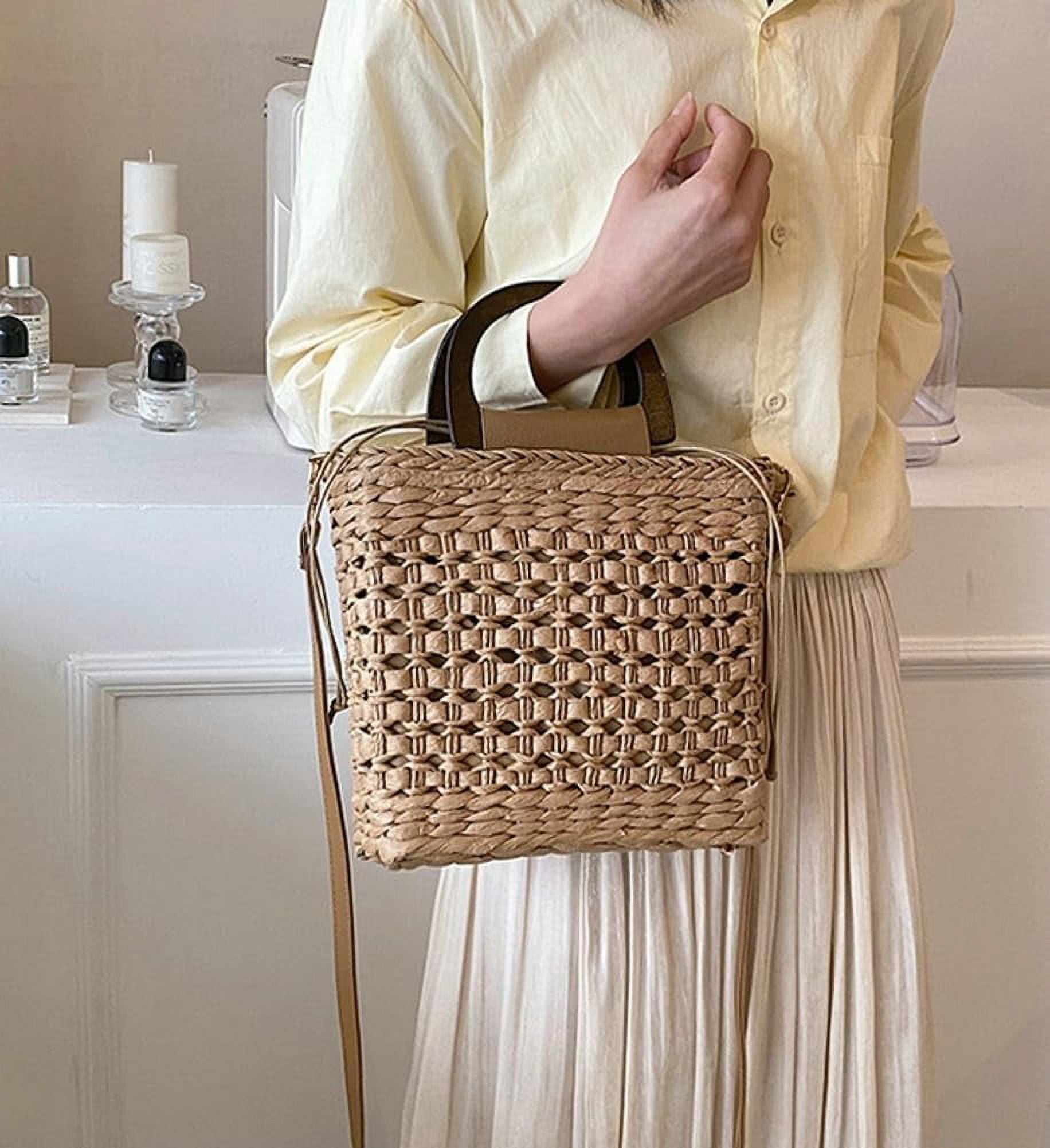Municipal Women Straw Handbag Beach Bag Woven Rattan Crossbody Bags Handmade Leather Straps Satchel Clutch Purse Summer Vacation