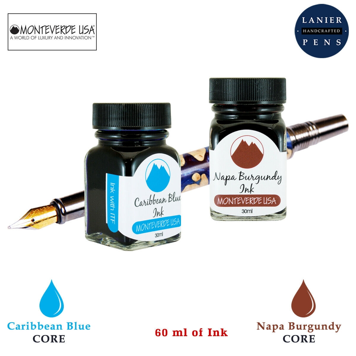 Monteverde 60ml Core Fountain Pen Ink Bottle (30ml Caribbean Blue Ink Bottle G309CU, 30ml Napa Burgundy Ink Bottle G309NB)
