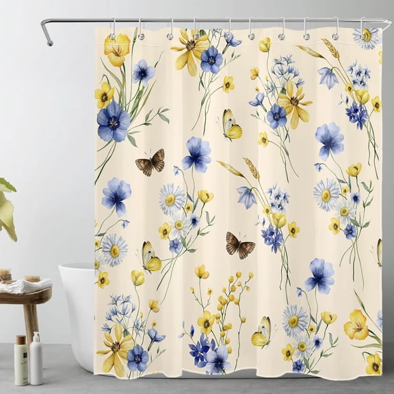 Country Wildflower Shower Curtain for Bathroom, Blue and Yellow Floral with Butterfly on Beige Fabric Shower Curtain with Hooks, Vintage Plant Bathroom Curtain Shower Set, 84" W x 72" L