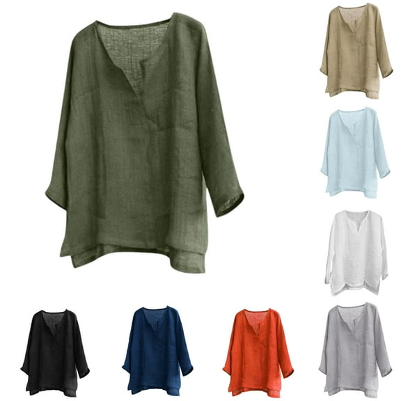 Mens Cotton Linen V Neck Shirts 3/4 Sleeve Casual Baggy Breathable Tunic Tees Hawaiian Beach Yoga Solid Blouse Tops