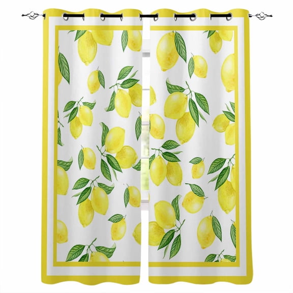 Yellow Lemon Blackout Curtains for Bedroom/Living Room, Thermal Insulated Kitchen Curtains, Summer Watercolor Fruits Leaf Grommet Darkening Window Treatment Drapes 52"x84"x2