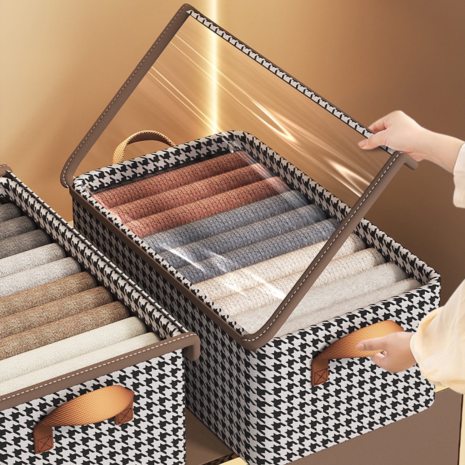 3 Pack Fabric Storage Bins with Lids, Wardrobe Storage Organiser, Stackable Storage Bin, Foldable Storage Baskets with Handle, Closet Organizers and Storage Boxs for Toys, Clothes, Home, Office