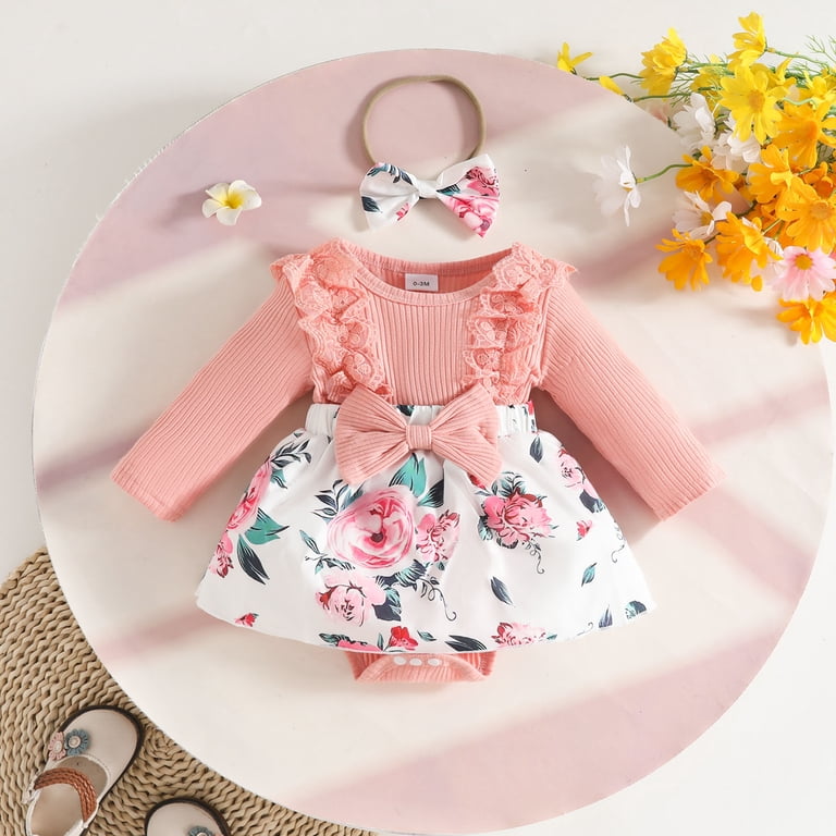 Gubotare Baby Dresses for Girls Baby Girl Dress Romper Long Sleeve Bodysuit Knot Front Pleated Bodysuit Princess Outfits 0 3 6 9 12 18 24 Months (Pink