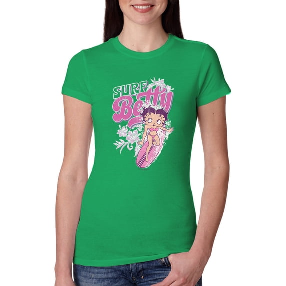 Wild Bobby, Shore Surfer Betty Boop Betty Boop Womens Slim Fit Junior Tee, Kelly, Small