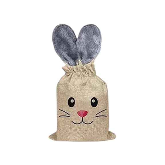Grey Gray Linen Drawstring Easter Gift Bag With Plush Bunny Ears Candy Egg Party Favor Holder