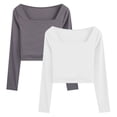 thumbnail image 1 of 2 uds. Camiseta corta básica informal ajustada con cuello cuadrado de manga larga para mujer, camiseta de manga larga de Color sólido, gris y blanco, 1 of 6