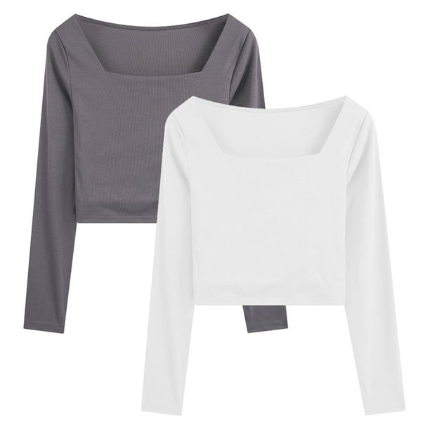 2 uds. Camiseta corta básica informal ajustada con cuello cuadrado de manga larga para mujer, camiseta de manga larga de Color sólido, gris y blanco