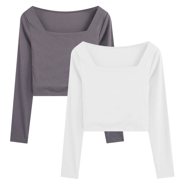 2 uds. Camiseta corta básica informal ajustada con cuello cuadrado de manga larga para mujer, camiseta de manga larga de Color sólido, gris y blanco