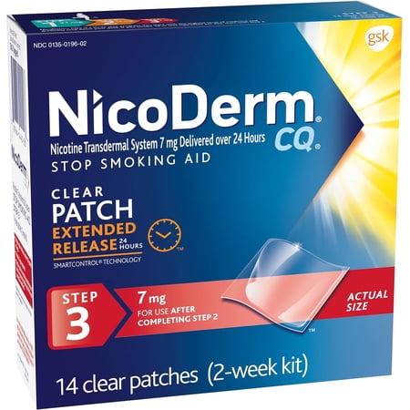 NicoDerm CQ Step 3 Nicotine Clear Patches 7mg Stop Smoking Aid, 14 Count..
