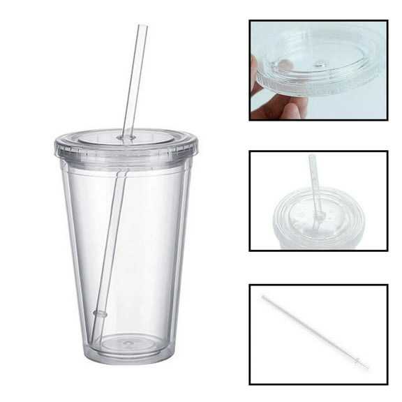 Double Wall Clear Plastic Tumblers,Reusable Cup With Lids And Straws For Adults Kids,Insulated Tumbler,BPA FREE 480ml/16OZ