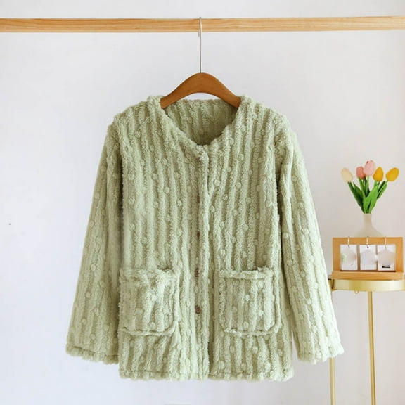 Women's Flannel Bed Jacket Fuzzy Fleece Pajama Tops Button up Velvet Soft Warm Winter Sleepwear with Pockets New Women's Long Sleeve Thermal Pullover Tops Green L