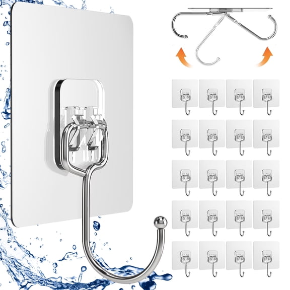 Genreen 20 Pack Large Adhesive Hooks, Wall Hooks for Hanging Heavy Duty 22Ib(Max), Clear and Removable Strong Sticky Hooks, Waterproof and Rustproof Multiple Uses for Bathroom Kitchen Office