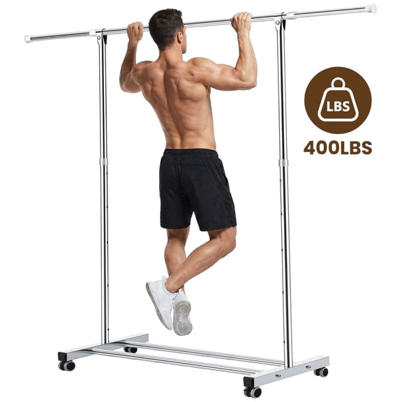 Riousery Heavy-Duty Stainless Steel Clothing Rack with Wheels, Adjustable Height & Length for Closet Organization