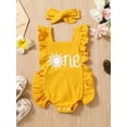 thumbnail image 2 of Toddler Baby Girl Jumpsuit Set Summer Letter Sun Print Ruffle Flying Sleeves Suspender Rompers and Headband, 2 of 9