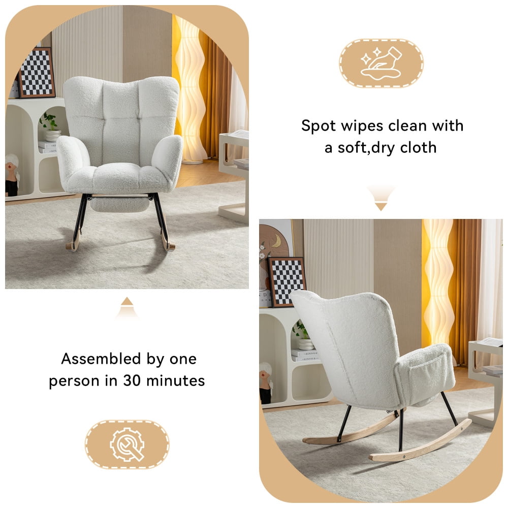 Ivory Teddy Fabric Rocking Chair with Adjustable Footrest – High Back Nursery Glider with Storage Pocket, Sturdy Wood and Metal Frame, Comfy Lounge Rocker for Living Room, Bedroom, Nursery