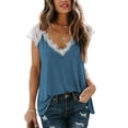 thumbnail image 2 of JGGSPWM Women's Splicing Elegant Cute Tops Solid Lace Tunic Short Sleeve Blouse Tshirt Summer 2023 V Neck Regular Fit Tees Sweet Comfy Shirts Blue XL, 2 of 5