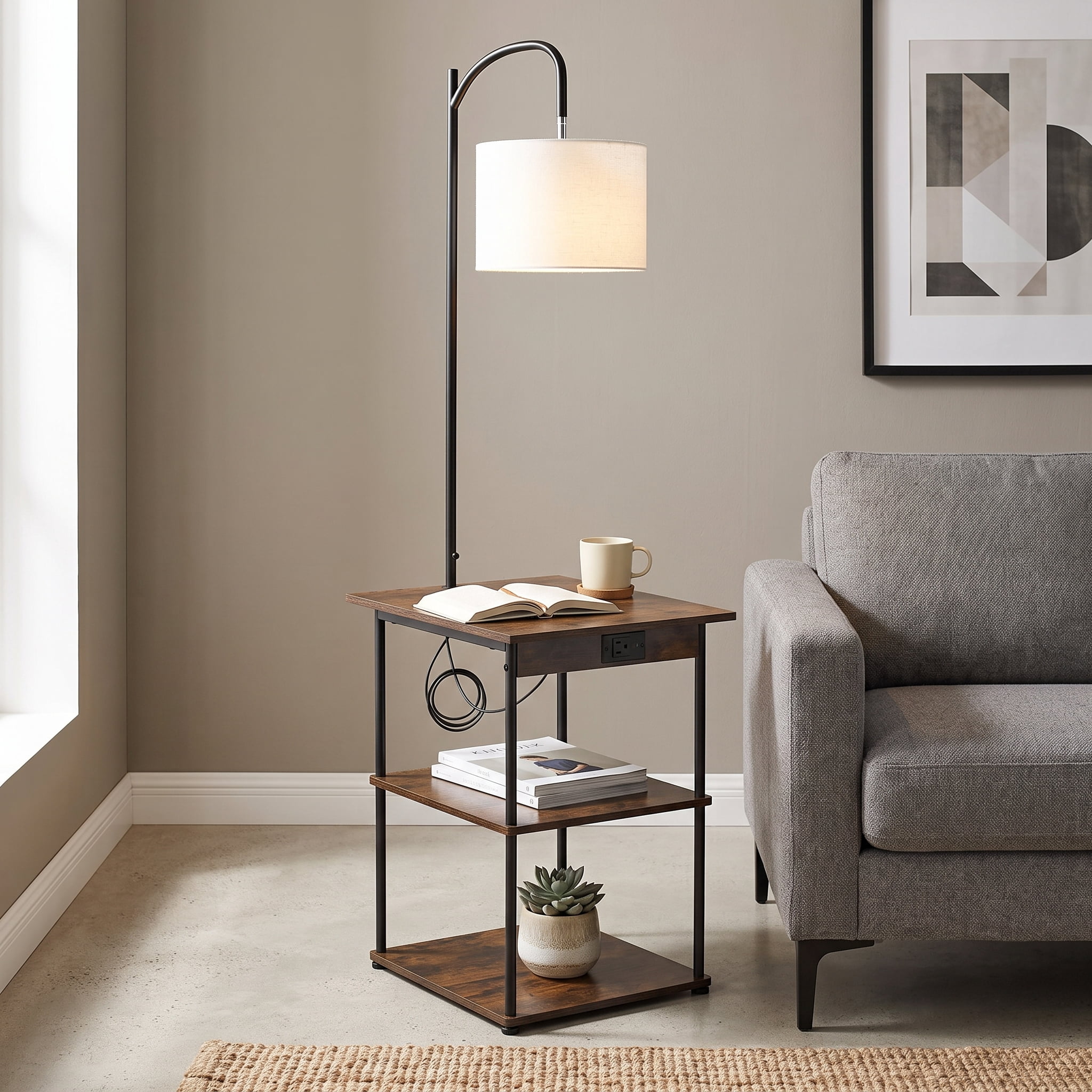 Floor Lamp with Table, Narrow 3-Tier End Table with Open Shelves & 3 Color Temperature Lighting, Side Nightstand Bedside Desk with USB & Type C & AC Charging Port for Living Room, Bedroom, Dorm
