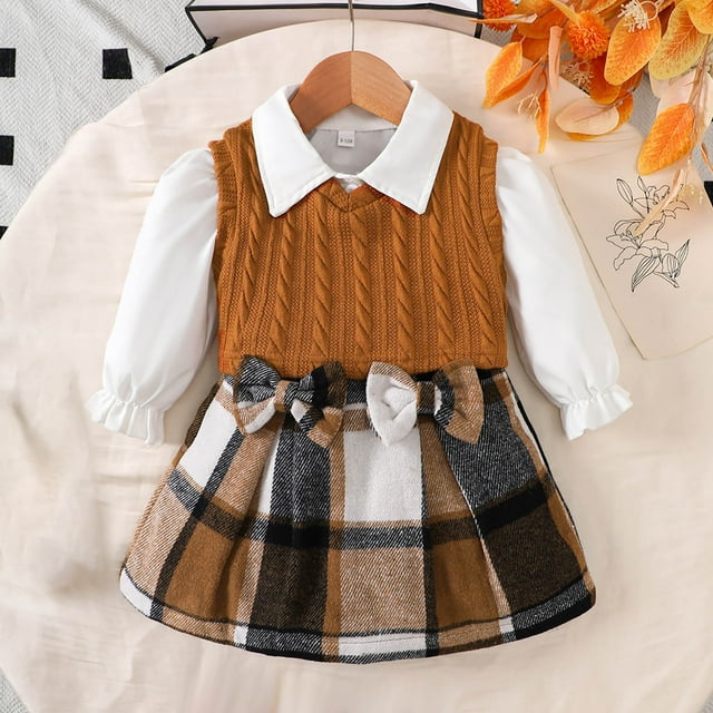 Conjunto de falda y camisa interior de manga larga para niña, estilo escolar de primavera, suéter sin mangas, cárdigan y falda a rayas a cuadros.