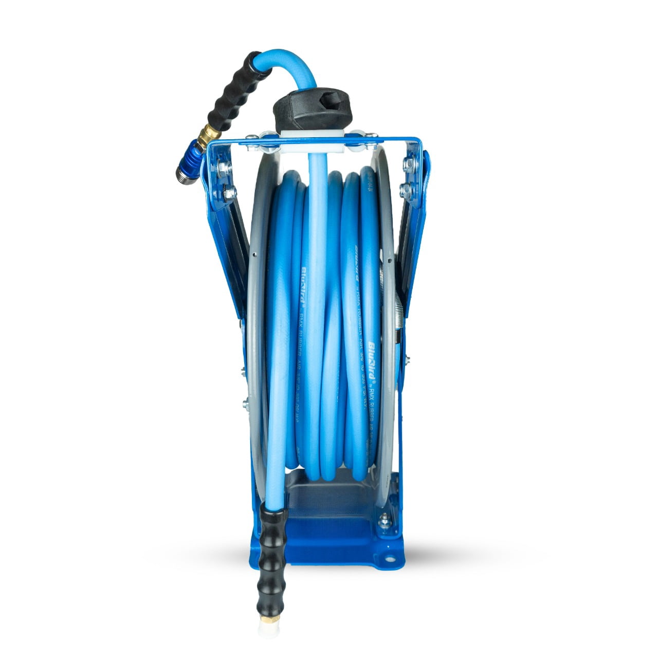 BluBird 1/2" x 50' Retractable Air Hose Reel – All-In-One Patented Design with 5-in-1 Coupler, 180° Swivel Mount, Heavy-Duty Steel, Rubber Hose, Auto Rewind