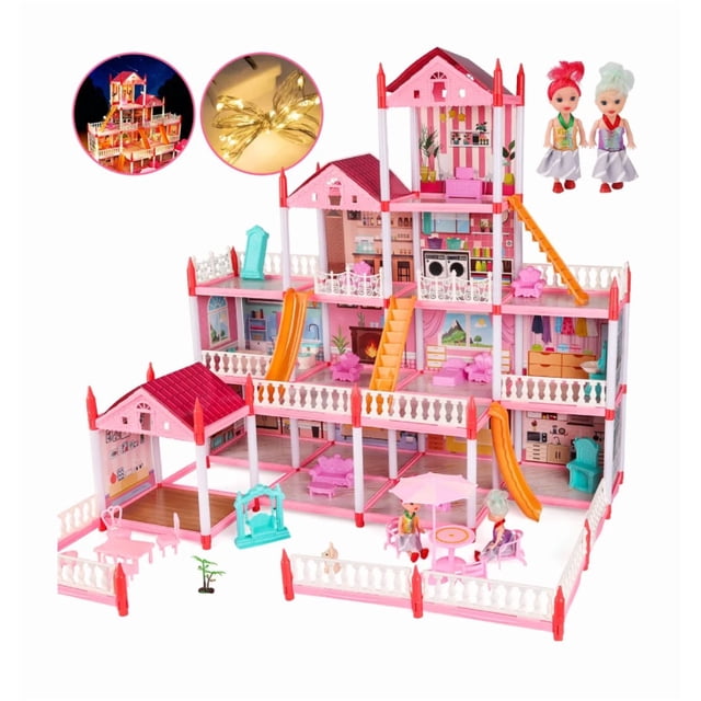 Xtellar Casa Muñecas Con Led Muebles Castillo Princesa 4 Capas Niña Rosa