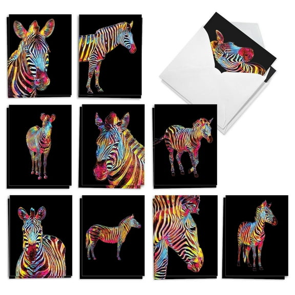 The Best Card Company 20 Assorted Blank Notecards Box Set 4 x 5.12 Inch with Envelopes (10 Designs, 2 Each) Rainbow Zebras AM10327OCB-B2x10