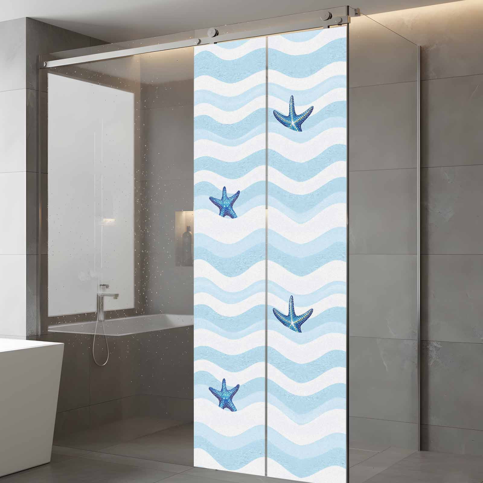 Abstract Ocean Waves Window Privacy Film, Nautical Starfish Blue White Stripes Frosted Glass Window Clings Static Cling UV Heat Blocking Reusable Door Sticker for Bathroom 23.6 x 59 Inch