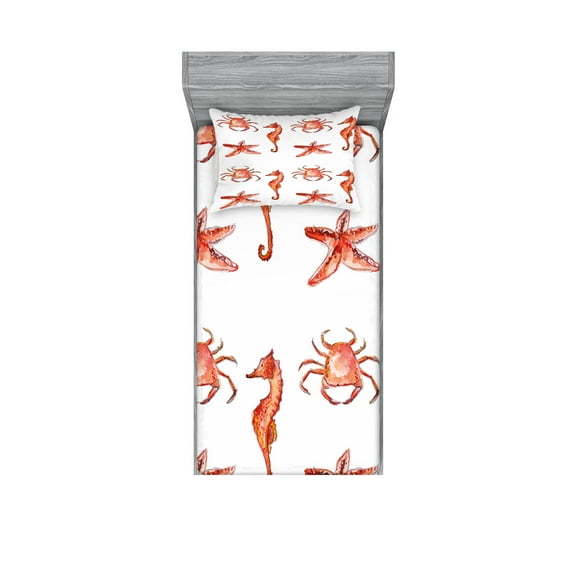 Ambesonne Nautical Fitted Sheet & Pillow Sham Set, Underwater Sea Ocean, Twinxl, Salmon Dark Coral