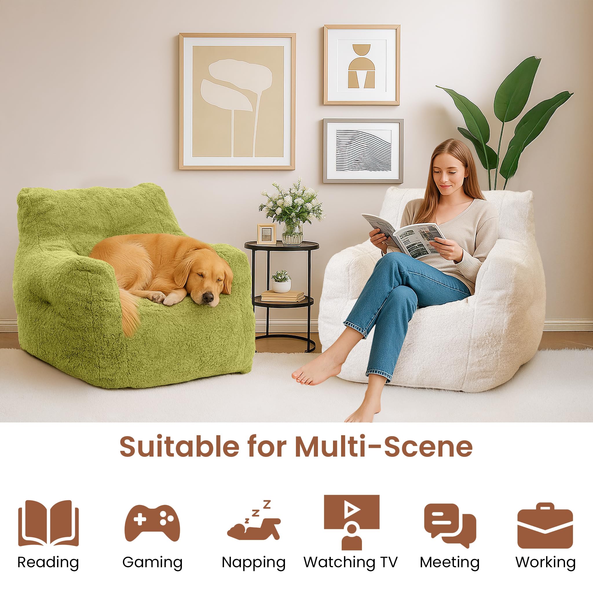 Baxluxe Bean Bag Chairs for Adults Kids Comfy Reading Chair Living Room Couch Home Sofa with Armrest Bean Bag Sofa with Filler Memory Foam Fluffy Lazy Sofa