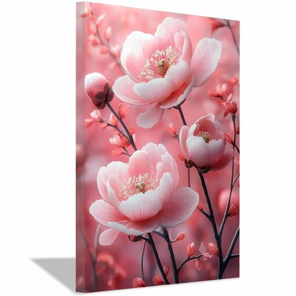 Mudket Blush Pink Blossom Canvas Wall Art, Framed Floral Wall Decor, Soft Botanical Flower Print for Bedroom Bathroom, Ready to Hang - 12"L x 8"W