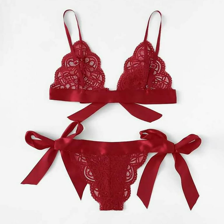 BIZIZA Womens Bra and Panty Set Lace Lingerie Sets Bow Two Piece Lace Up  Sexy Red XXL 