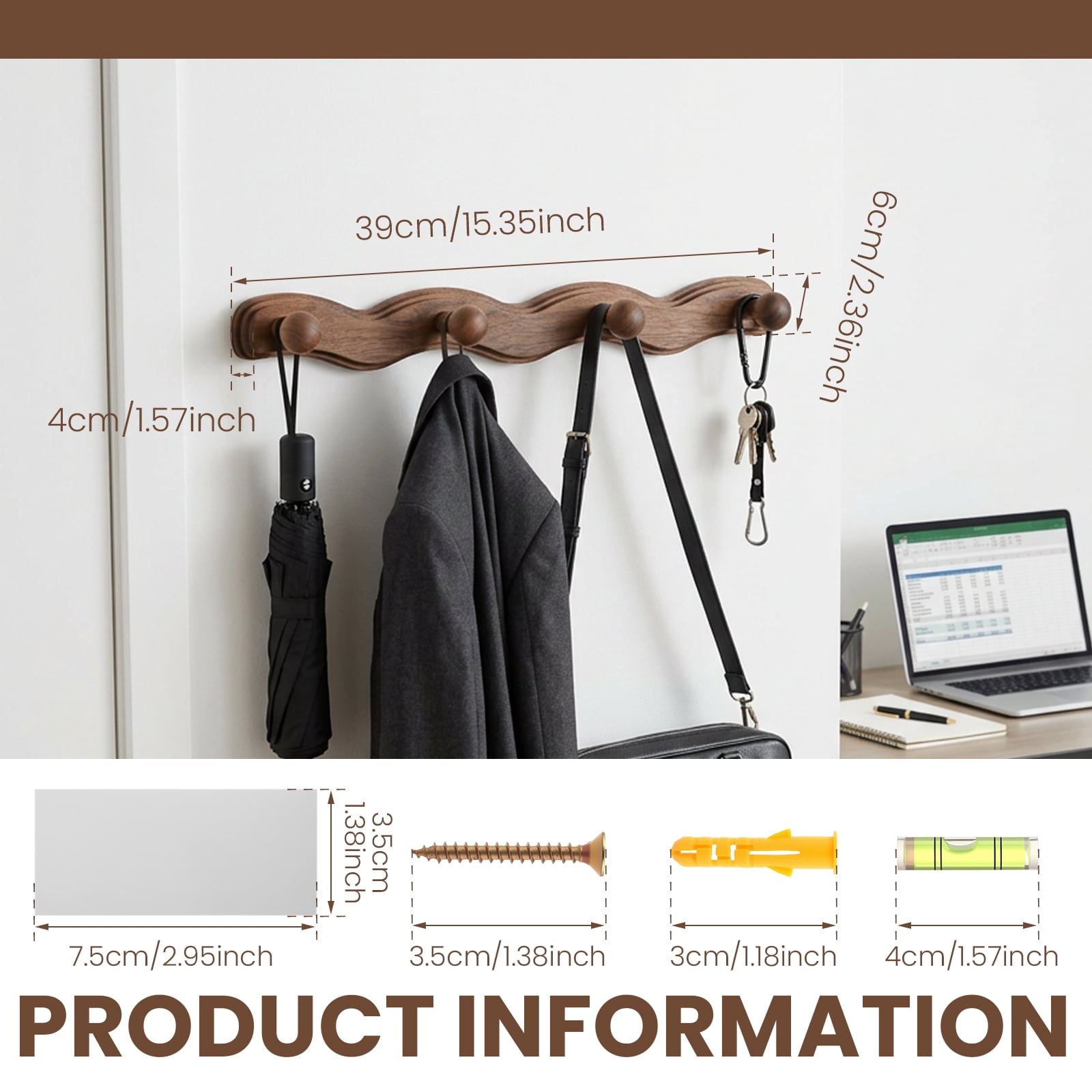Wood Wall Mounted Coat Rack with 6 Hooks Wooden Hangers Wall Hook for Entryway Bathroom Bedroom Kitchen for Hanging Clothes Keys Robes Purse Towels Bags