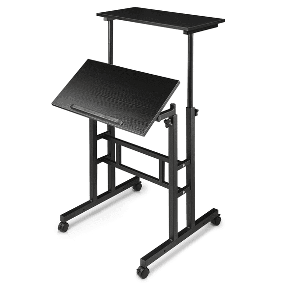 MoNiBloom Mobile Computer Desk with Tilting Table, Adjustable Small Standing Desk with Monitor Shelf for Standing or Sitting, Black